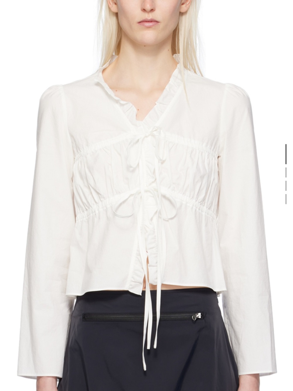 Women's White Tie-Front Ruffle V-Neck Blouse